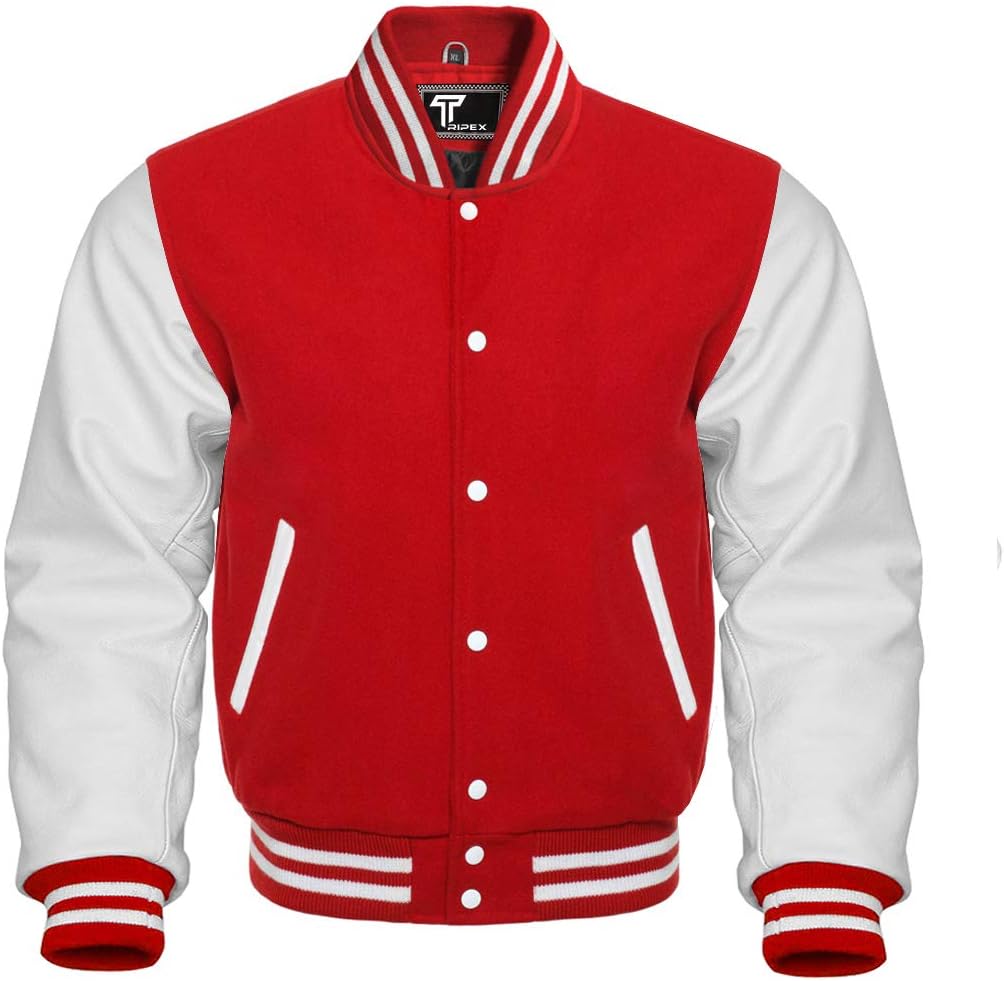 Premium Letterman Baseball School College Bomber Varsity Jacket Red & White Genuine Leather Sleeves