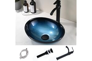 16"x13" Oval Ceramic Sink with Faucet - HLBLFY Black Edge Gradient Blue Ceramic Basin with Pop-up Drain, Faucet, and Connecting Hose