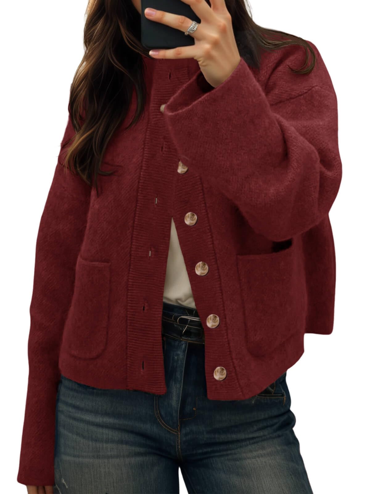 Photo 1 of Cicy Bell Womens Chunky Knit Cardigan Sweaters Button Down Mock Neck Open Front Jacket Winter Casual Outerwear with Pockets Wine Red