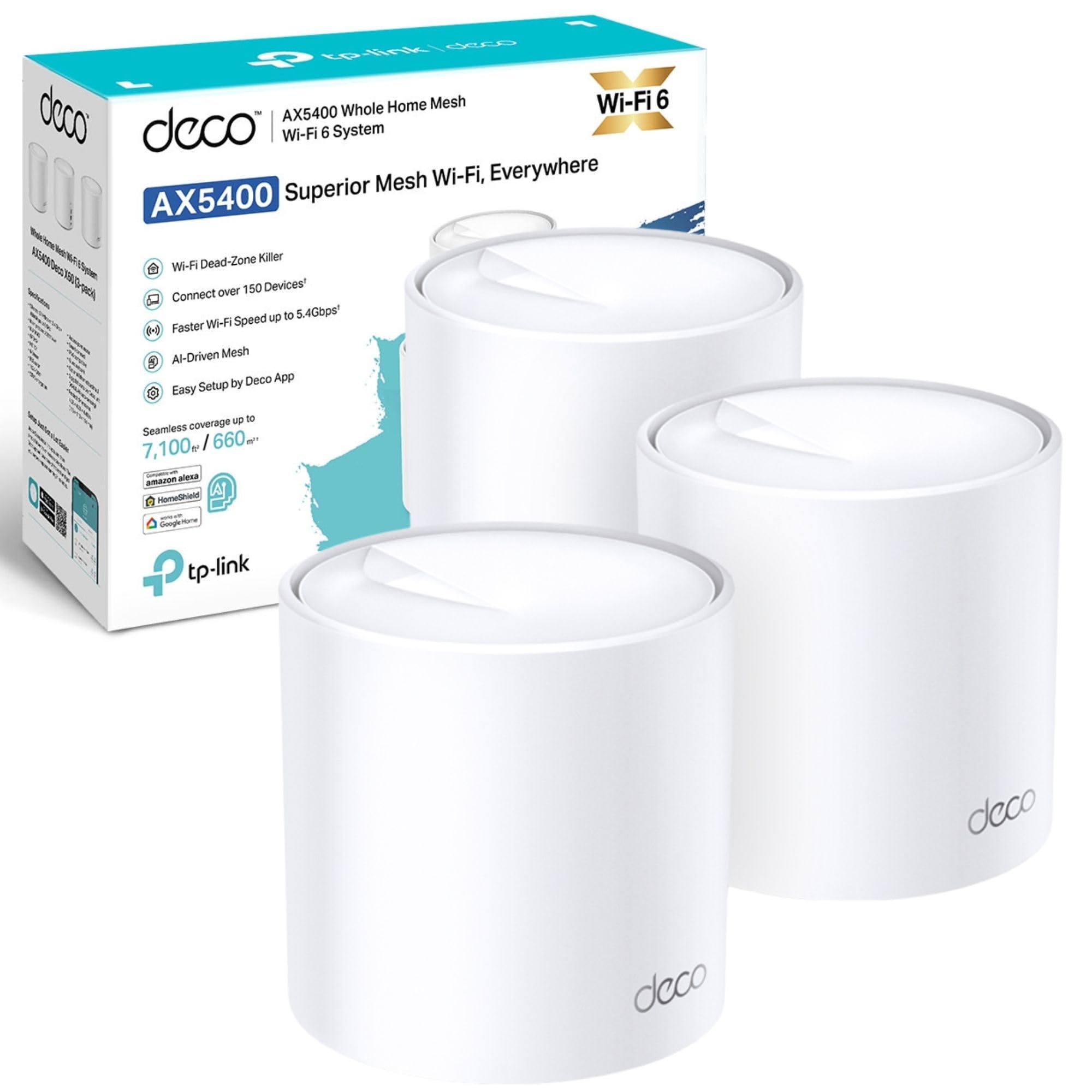 TP-Link Deco X60(3-pack) AX5400Mbps Whole Home Mesh WiFi 6 System, up to 7,100 Sq ft Coverage, AI Driven WiFi Booster, 1 GHz Quad-Core CPU, Compatible with Amazon Alexa, HomeShield Security,Easy Setup