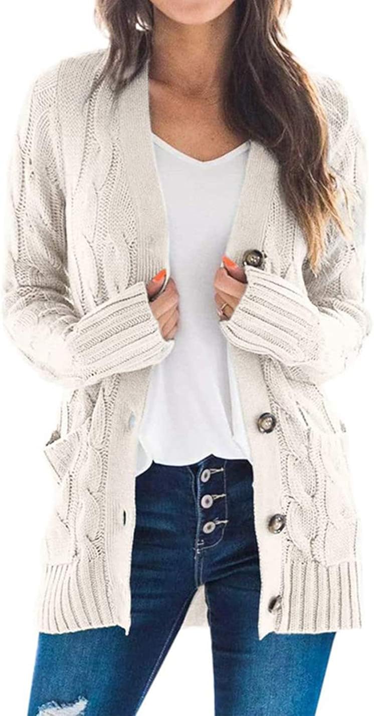 PRETTYGARDEN Women’s Long Sleeve Open Front Knitted Cardigan Sweater Button Down Chunky Outwear Coat with Pockets at  Women’s Clothing store