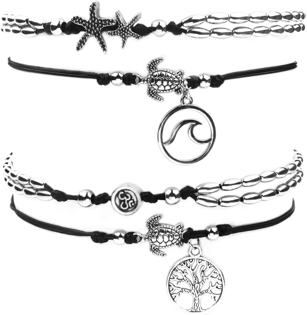 4 Pcs Handmade Vintage Starfish Turtle Charm Anklet and Yoga Om Foot Chain for Women Teen Girl Summer Beach Jewelry, Tree of Life/Wave/Charm