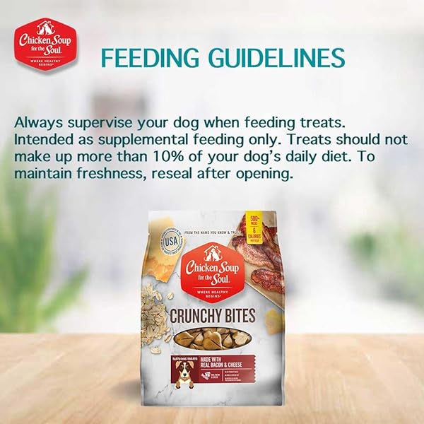 CHICKEN SOUP FOR THE SOUL ALL NATURAL PREMIUM CRUNCHY BITES DOG TREATS, REAL BACON & CHEESE, NO BY-PRODUCTS, ARTIFICIAL COLORS, FLAVORS OR PRESERVATIVES, BACON & CHEESE, 32OZ