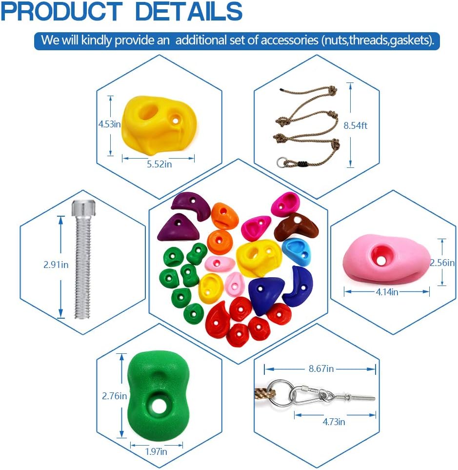 Newtion 25 Multi-Size Rock Climbing Holds for Kids and Adult,DIY Rock Climbing Holds Set with 25 Bolts,T-Nuts,Washers and 8 Foot Knotted Rope-Kids Indoor and Outdoor Play Set Use: Toys & Games