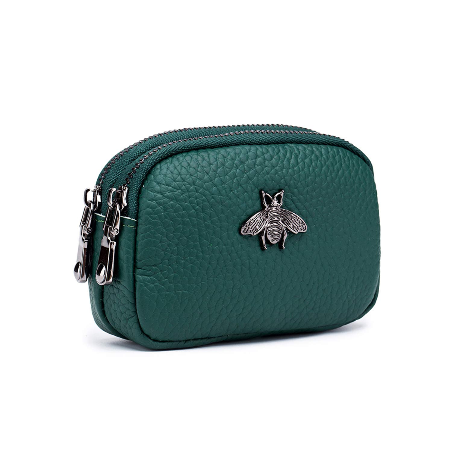 ZOONAI Genuine Leather Double Zipper Coin Purse Bee Change Pouch Credit Card Holder (Green)