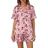 Juakoso Women Champagne Bottle Pajamas Sets Wine Can Print Pjs Sets Silk Satin 2 Piece Sets Short Sleeve Shirts Shorts Sets