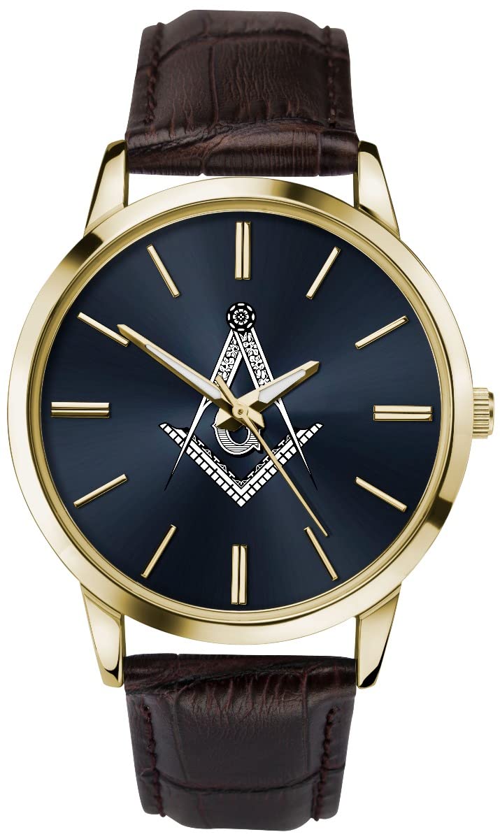 Sekonda Men's Masonic Analogue Quartz Watch with Gold Case Blue Dial and Brown Leather Strap 90095