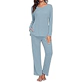 TAOHUADAO Womens Lounge Set Long Sleeve Pajama Sets 2 Piece Pj Outfits Casual Ribbed Knit Sleepwear with Pockets