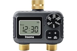Insoma 2-Zone Water Timer Brass Inlet/Outlet, Programmable Outdoor Hose Faucet Timers with Auto/Manual Modes + Rain Delay, Waterproof Sprinkler Timer for Garden, Lawn, Yard, Pool | Save Water & Money