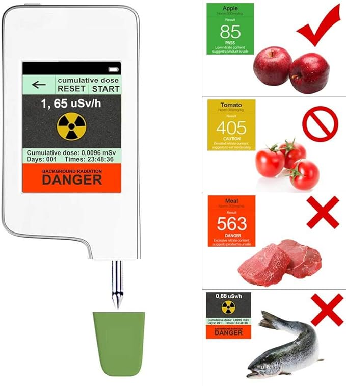 Detector De Radiación De Alimentos, Portátil Con Pantalla Táctil De Nitrato Detector De Radiación Tester Contador Geiger Con Imán Incorporado Para Las Frutas, Verduras, Pescado Y Marisco (Versión 3): Amazon.es: Hogar