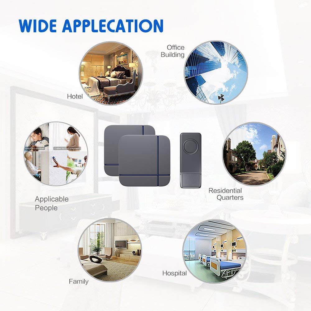 Wireless Doorbell Grey, 2 Plug in Waterproof Doorbell Kit, Best Cordless Door Chime With 1000 feet / 300m Range, 52 Chimes, IP55 Waterproof Button, 4-Level Volume & Blue LED Light-Umarie