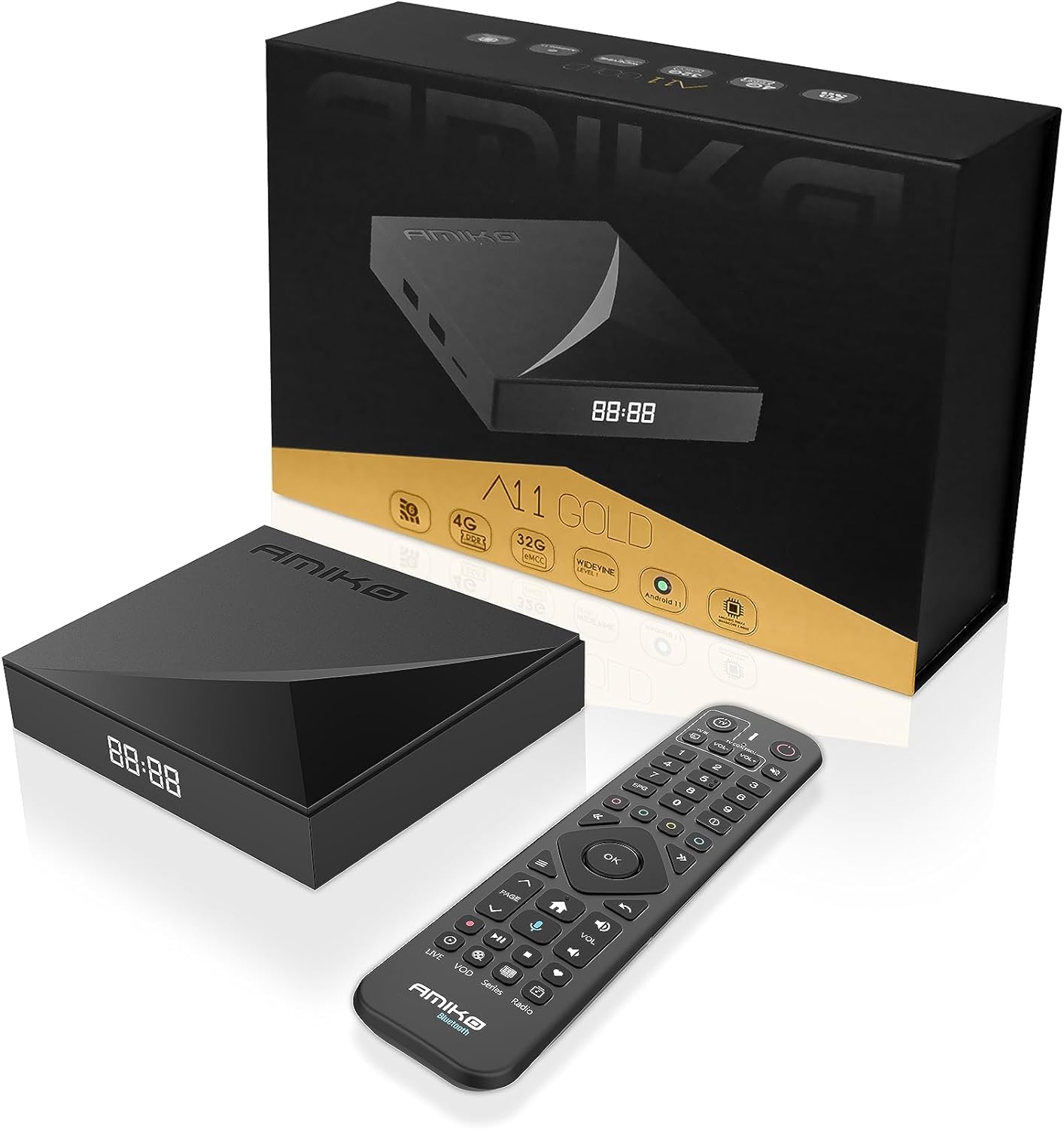 Amiko A11 GOLD 4K UHD ANDROID Mytv3 QUAD CORE WIFI 6 GIGABIT LAN Bluetooth RC UK PLUG