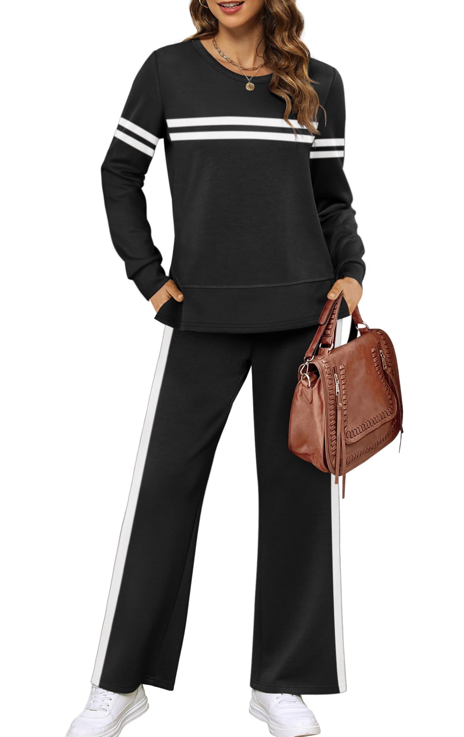 Photo 1 of **NEEDS TO BE CLEANED** XIEERDUO Women's Lounge Sets Casual Fall Two Piece Travel Outfits Winter Long Sleeve Vacation Tracksuit Crewneck Loungewear Trendy Sweat suit Wide Leg Pants Matching Set Black M