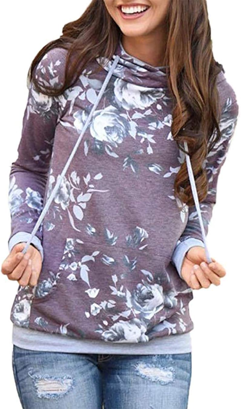 Barlver Women's Casual Hoodies Long Sleeve Sweatshirts Cowl Neck Drawstring Hooded Pullover Top with Pockets: Clothing