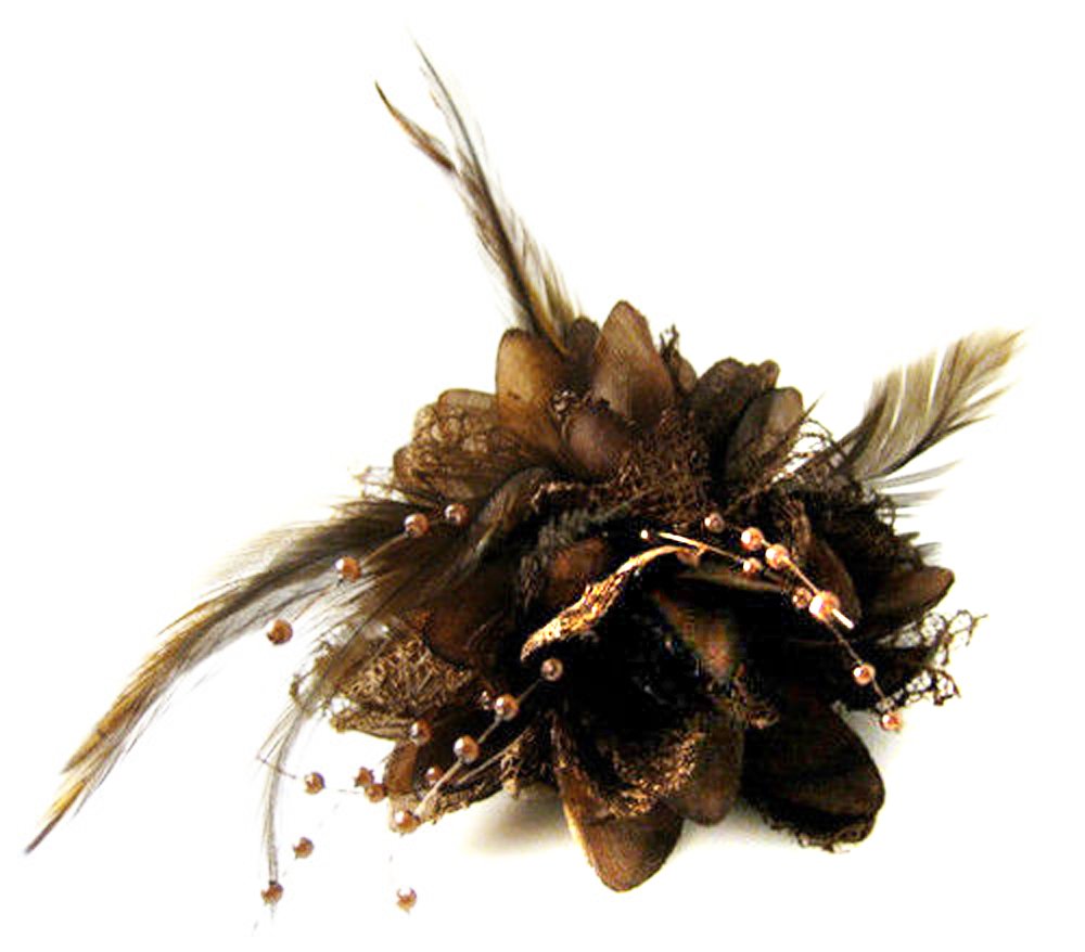 Flower Feather Bead Corsage Hair Clips Fascinator Hairband and Pin (Brown) — image 1