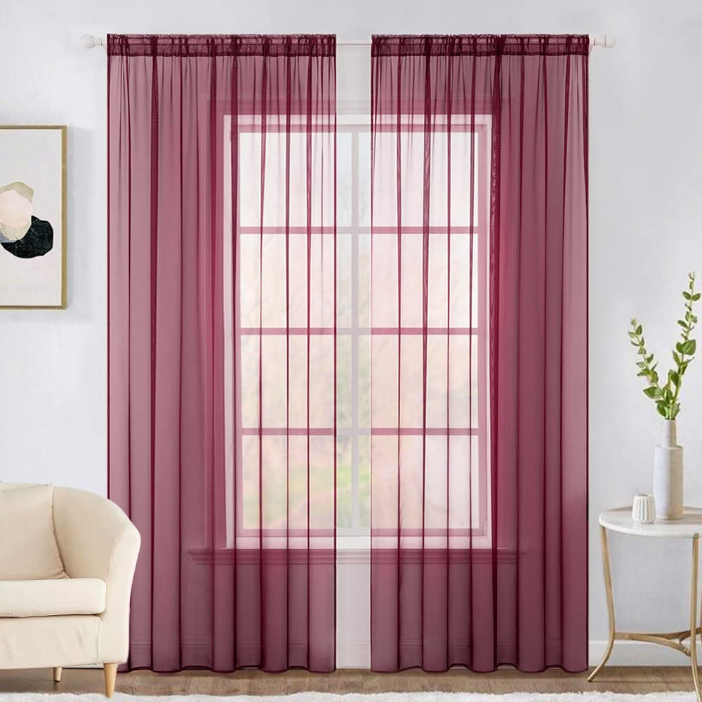 MIULEE 2 Panels Solid Color Sheer Window Curtains Christmas Decoration Smooth Elegant Window Voile Panels/Drapes/Treatment for Bedroom Living Room 55" Wx63 L, Rod Pocket Red
