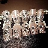 Dongcrystal 24Pcs 3D Bling Nail Art Jewelry Glitter Rhinestone Decor Nail Tips Red Gem Fake Nails