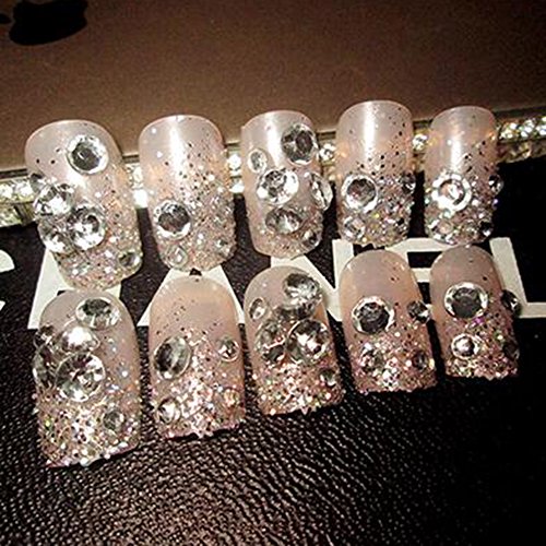 Dongcrystal 24Pcs 3D Bling Nail Art Jewelry Glitter Rhinestone Decor Nail Tips Red Gem Fake Nails
