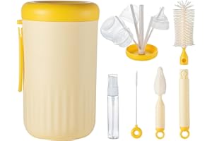 Ariseno Travel Bottle Cleaner Kit, 6-in-1 Baby Bottle Brush with Silicone Bottle Brush, Nipple Brush, Straw Brush, Drying Rack, Dispenser, Organizer, Baby Travel Essential, Gifts for New Mom - Yellow