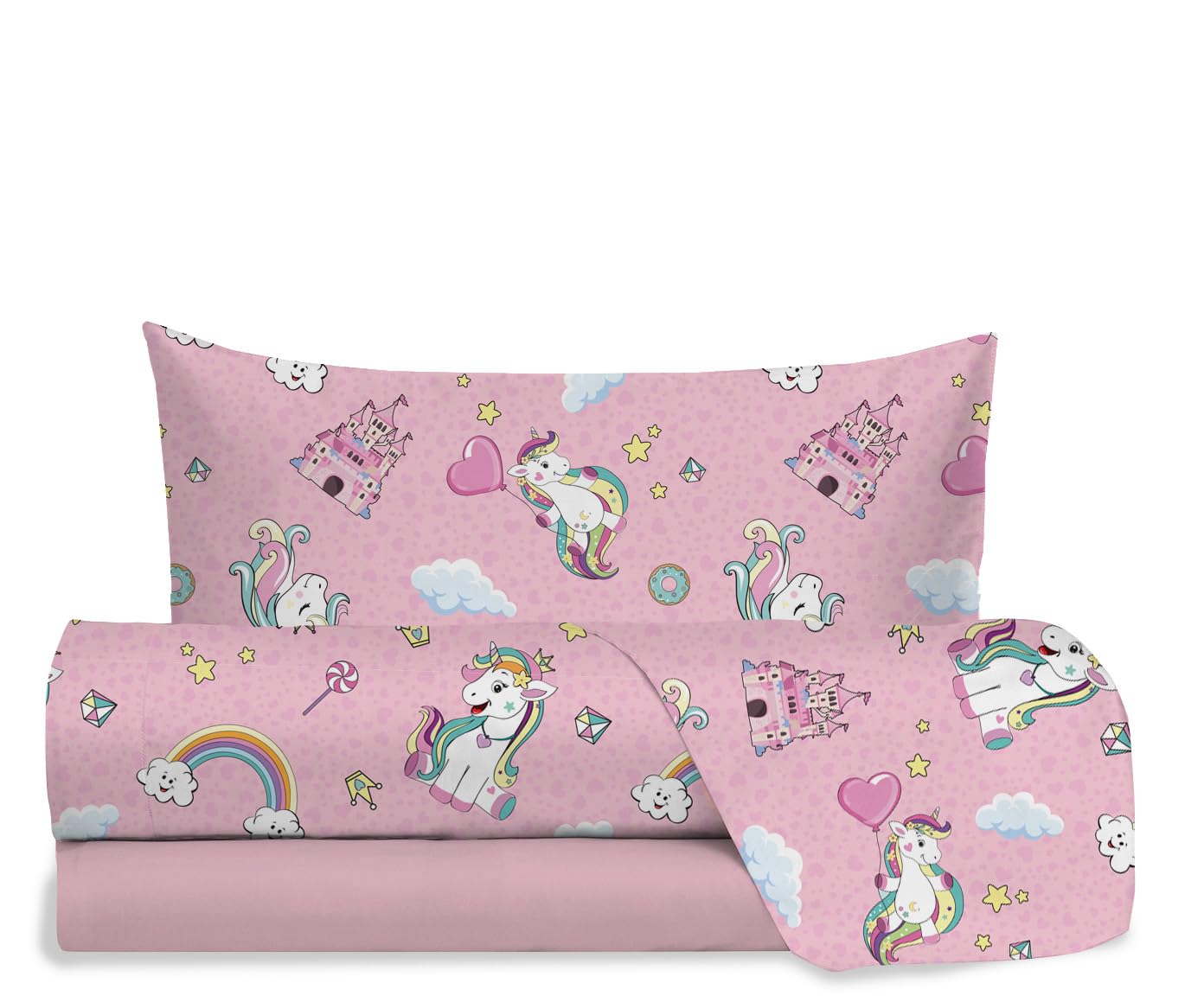 Hermet Jolly Unicorn Single Bed Sheet Set, 100% Cotton, Top Sheet + Fitted Sheet + Pillowcase, Pink Bedding Set for Bedroom
