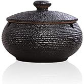 Lependor Ceramic Ashtray with Lids, Windproof, Cigarette Ashtray for Indoor or Outdoor Use，Ash Holder for Smokers,Desktop Smoking Ash Tray for Home Office Decoration - Black