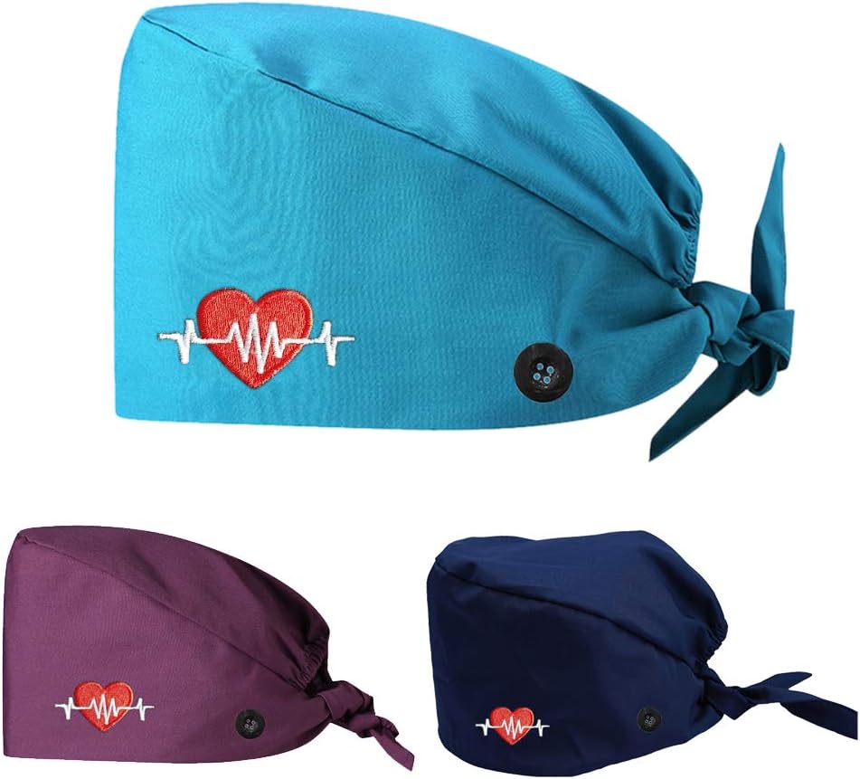 3PCS Surgical Hat Doctor Nurse Scrub Cap with Button Unisex Surgical Cap for Long Hair Hospital Operating Room Hat