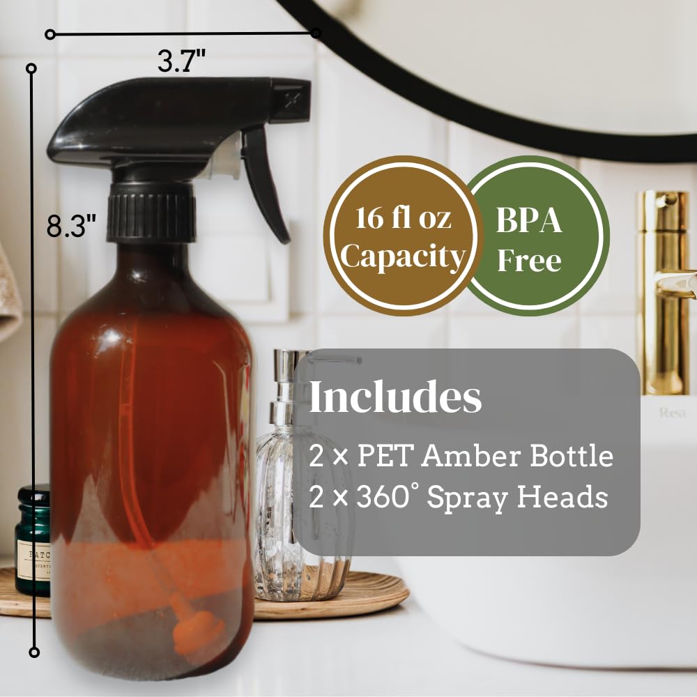 360° Spray Bottle (2 Pack) | Upside Down Spray Bottles | All Purpose Plastic Amber Spray Bottles