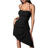MakeMeChic Women's Halter Dress Backless Asymmetrical Hem Mini Dress Party Cocktail Short Dresses