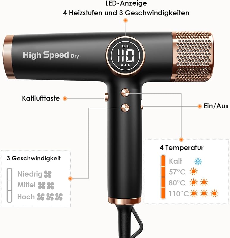 Föhn 110000 RPM Schnelltrockner –330 g leicht,Schwarzes Gold