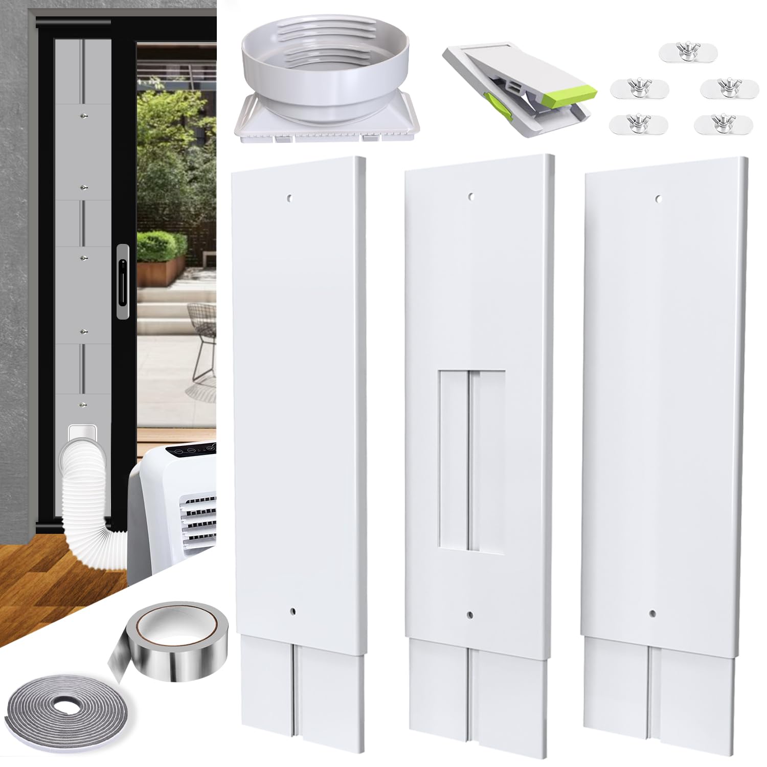 Photo 1 of Aozzy 95"Sliding Glass Door AC Vent Kit with Universal 5.1/5.9"ac Hose Adapter, Security Lock & weather stripping, Portable Air Conditioner installation Plates kit for Sliding Door/Window/Balcony