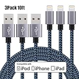 Everdigi 3Pack 10FT Premium Nylon Braided Lightning to USB Cable Compatible with iPhone 7/ 7 Plus/ SE/ 6s/ 6 /6 Plus/ 6s Plus/ 5s/ 5c/ 5/ iPad Air/ Mini/ iPod Nano/ Touch (Black &Blue)
