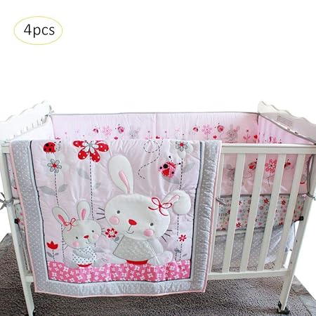4 Stück Krippe Baby zu Hause Mädchen Bettwäsche Rosa Hase Bett Bettwäsche Bett Trampolin Rock