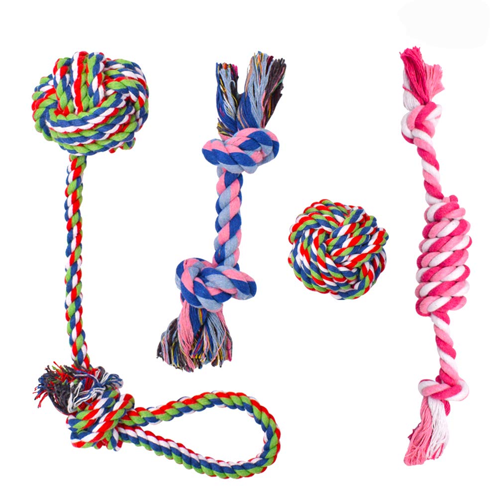 BETOY Dog Chew Toys, 4PCS Durable Dog Rope Knot Puppy Teething Cleaning Cotton Knot, Rope Ball Indestructible Chew Teething Training Set for Small and Medium Dogs