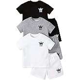 Jolyshlid Boys' Shorts Set 6 Pieces Summer Outfits Texture Short Sleeve T Shirts and Shorts Sets 4-12Y