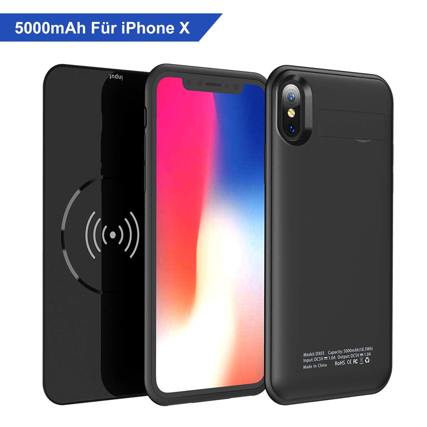 Mbuynow Akku Hülle für iPhone X, Qi Wireless Charger 2 in 1 5000mAh Externer Battery Case Wireless Ladegerät mit Ständer für iPhone X