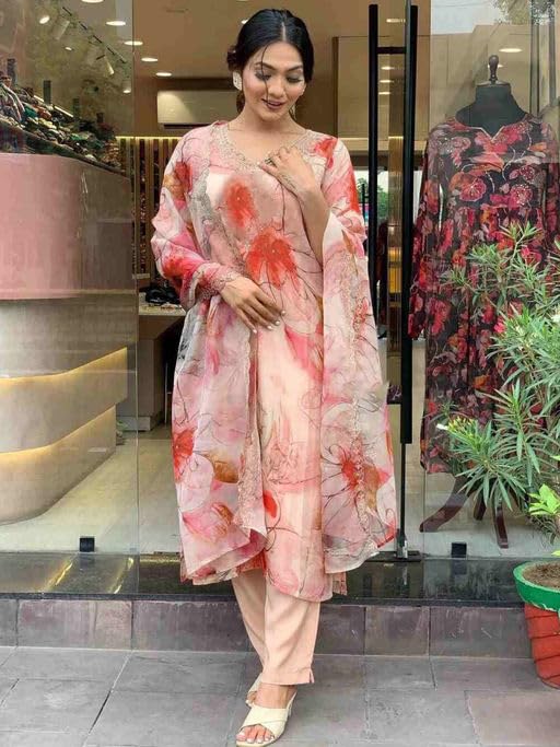 SHIENZY Cotton Blend Embroidered V Neck Kurta Set for Women | Straight Fit Kurta with Pants & Dupatta | Casual Office Wear Ethnic Kurti for Women(1499SHZ_PNK_XL) Pink 4