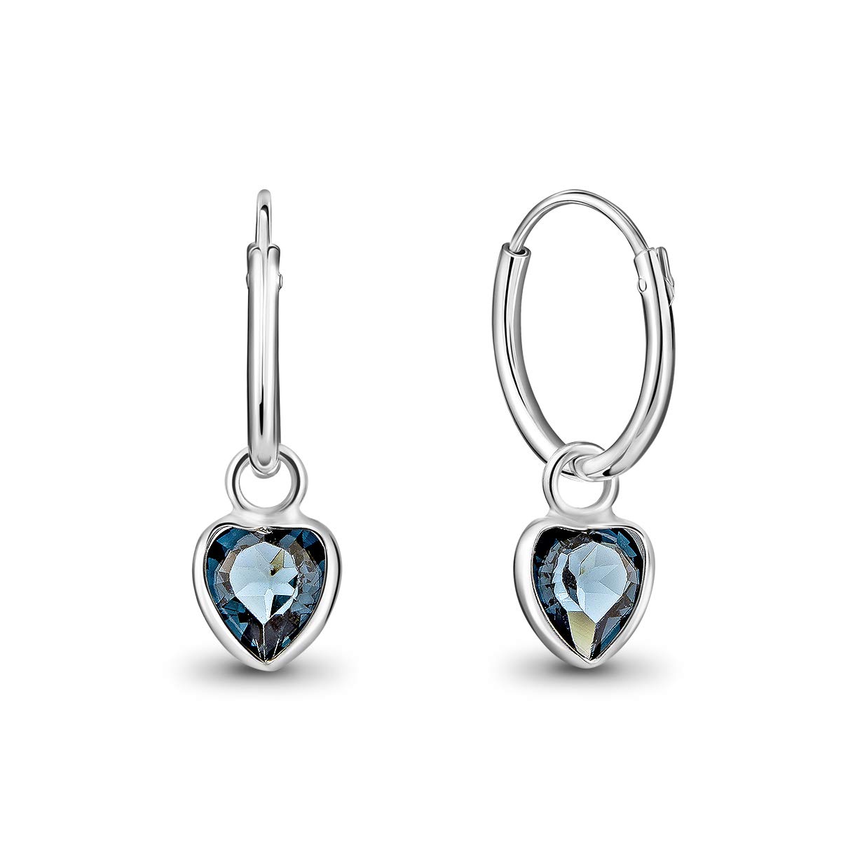931 Sterling Silver Small Endless Hoops Earrings with Dangling Heart Crystal 5 mm - Sleepers Earrings Blue Colour - Thickness 1.5 mm - Outer Diameter: 14 mm