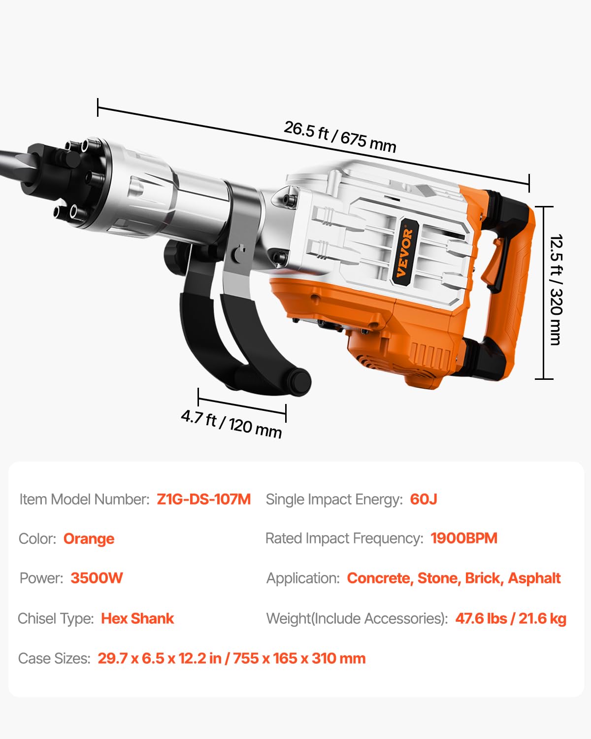 VEVOR Demolition Jack Hammer, MAX 3500W Jack Hammer Concrete Breaker 1900 BPM Heavy Duty Electric Jack Hammer, 2pcs Chisel w/Gloves & 360°C Swiveling Front Handle for Trenching and Breaking Holes
