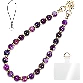 Healing Stone Phone Charm for Women, Beaded Phone Camera Wrist Strap, Handmade Cell phone Chain Lanyard with Tether Tab Keychain Decor for Wallet (Purple Peacock Agate)