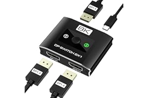 DisplayPort Switch 2 in 1 Out, 8K@60Hz DP 1.4 Switcher with DSC Support, 2 Computer One Monitor Switcher, 4K@144Hz Display Po