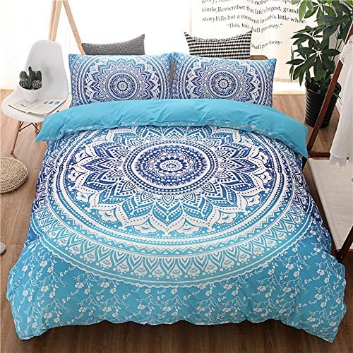 CocoQueen Ice Blue Paisley Pattern Mandala 3pcs Duvet Cover Set Bohemian Quilt Cover King Size