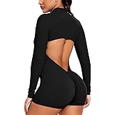 SEASUM Women's Zip Up Workout Jumpsuit Backless Gym Romper Long Sleeve One Piece Bodysuit Yoga Athletic