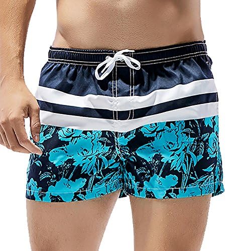Feelingwear Mens' Stripes Tropical Short Swim Trunks Low Rise Swimming Briefs Boxer Shorts Bathing Suit With Mesh Lining Blue Size US M+/Tag L