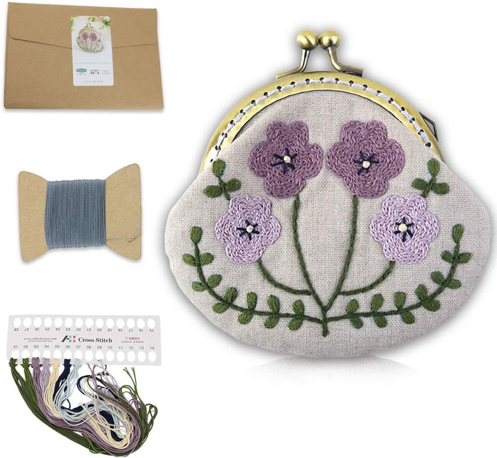 Embroidery Starter Kit for Adults with Pattern Stamped Embroidery Purse Kits Handmade Sewing Bag Mini Cosmetic Bag for Women and Girls (511811)