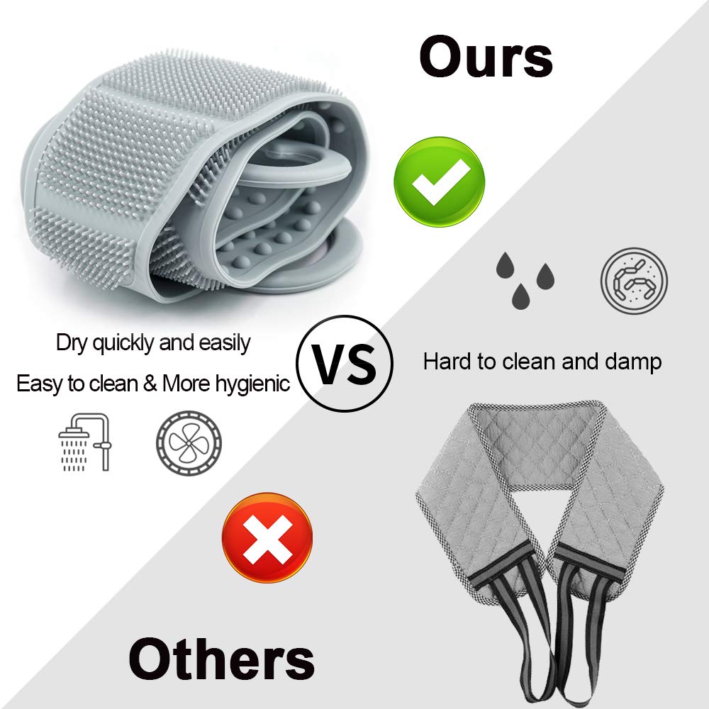 BAIMEI Silicone Back Scrubber for Shower, Handle Body Washer, Exfoliating Texture Scrubbing Pad (Grey) : Beauty