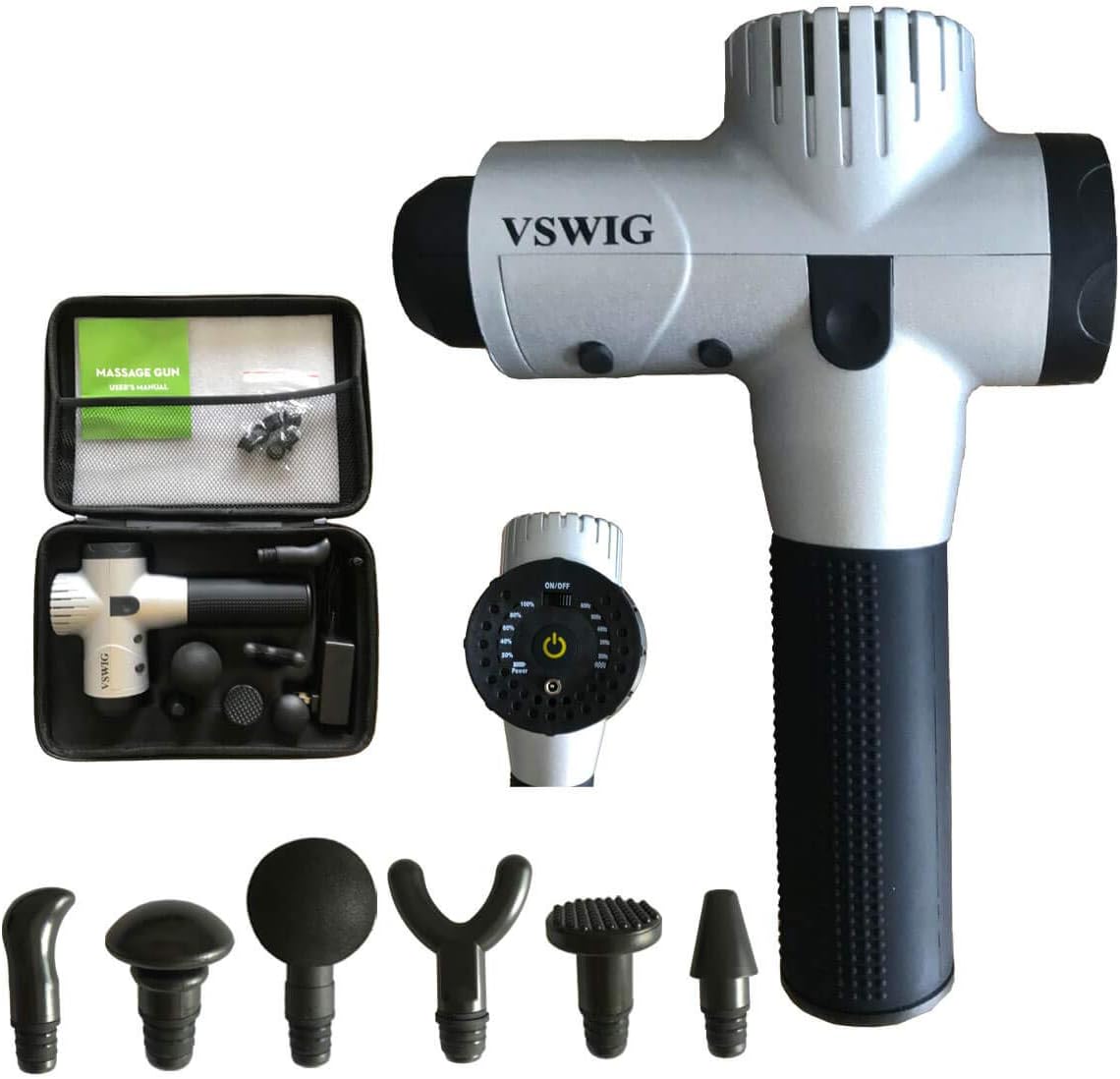 Portable Massage Gun Helps Relieve Muscle Soreness and Stiffness with Carry Case 5 Speed Levels Settings 6 Massage Heads (Silver)
