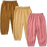 GFQLONG Toddler Baby Girls 3 Pack Elastic Waist Pants Soft Cotton Linen Harem Bloomers Summer Fall Long Pants