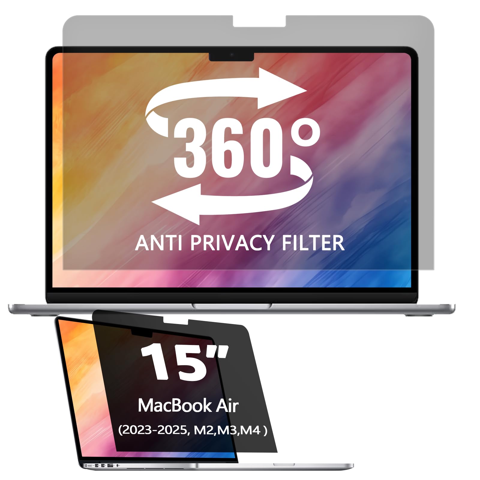 Photo 1 of 360° Privacy Screen Protector for MacBook Air 15 inch (2023-2025, M2, M3, M4), Privacy Screen Filter Compatible with MacBook Air 15.3 inch, Anti-Spy/Anti Fingerprint/Anti Blue Light/Anti Glare