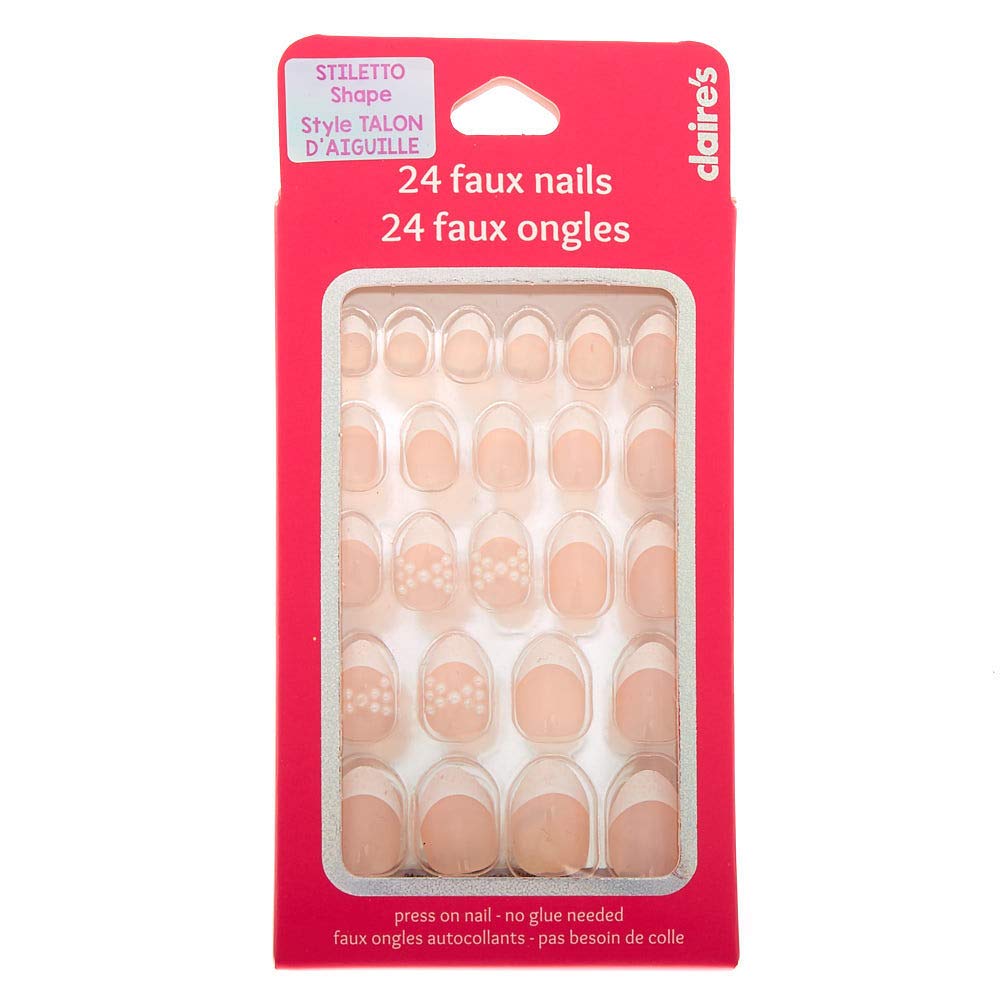 Claire's Glitter Pearl French Tip Stiletto Press On Faux Nail Set 24