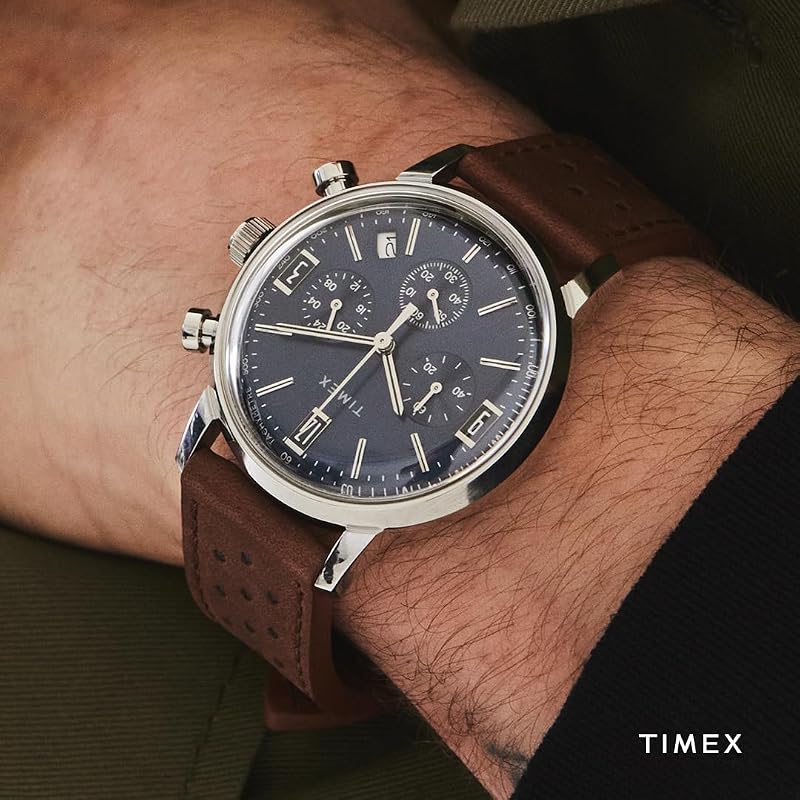 Marlin Chronograph - relógio masculino de 40mm, correia de libertação rápida em pele castanha, mostrador azul, caixa em aço inoxidável TW2W10200
